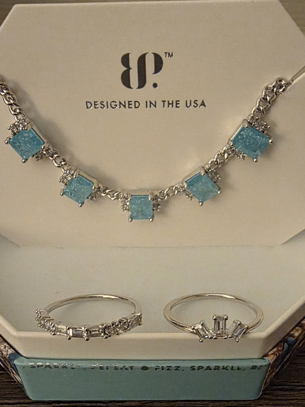 BP Silver-Tone Necklace with Aqua Blue Druzy Squares